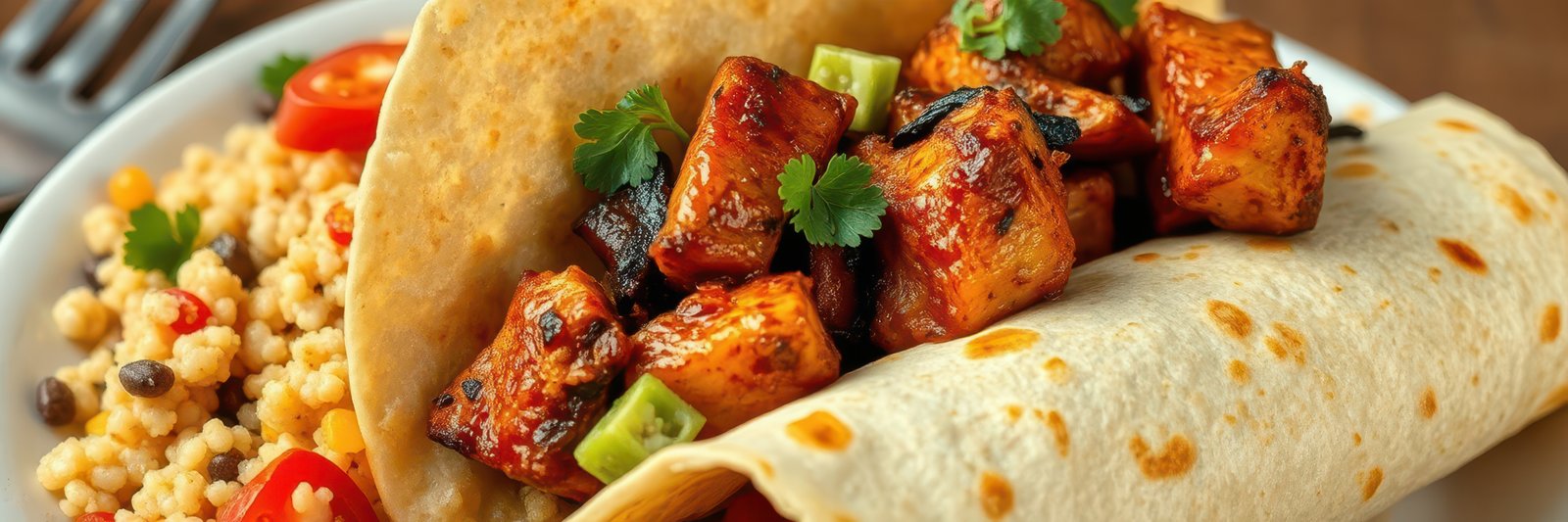 Delicious tacos served with flavorful side of couscous featuring seasoned grilled chicken and fresh vegetables